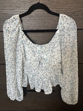 White With Blue Floral Peplum Blouse - Women Tops